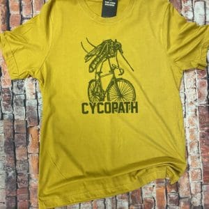 T-shirt with a mosquito riding a bicycle with cycopath text below it