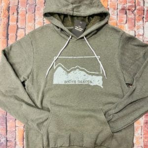 light blue South Dakota state shape design with hills going through it printed on grey heathered hoodie with contrast drawstrings